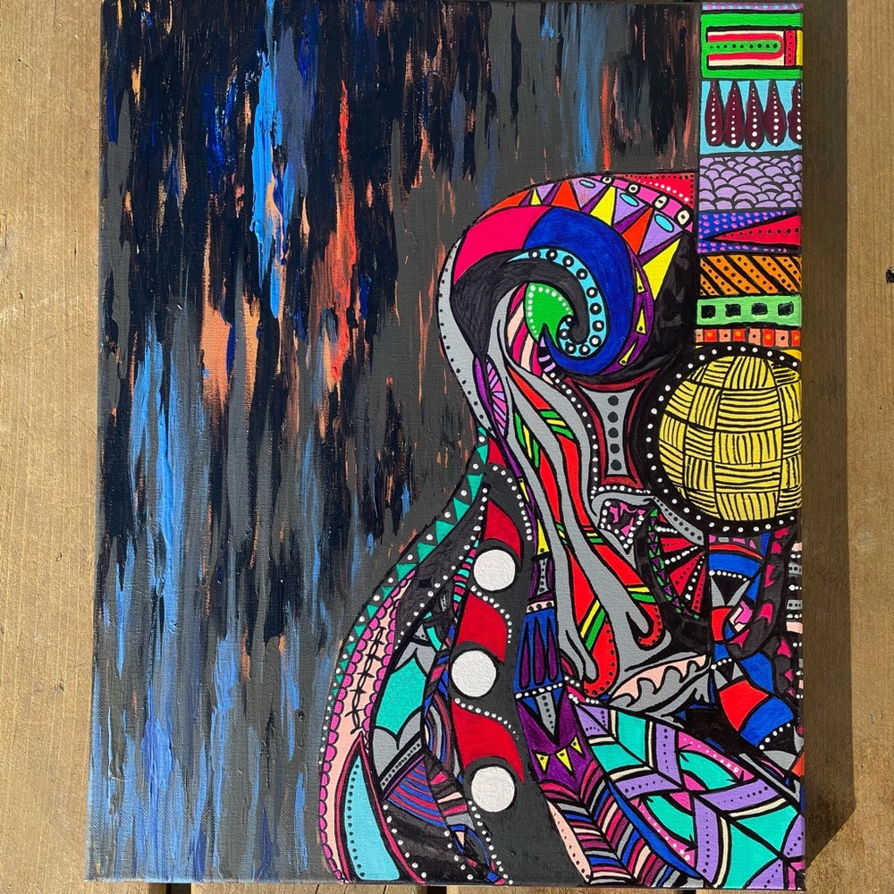 Vibrant colorful guitar painting. Acrylic.